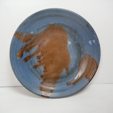 Large Vintage Studio Pottery Charger Plate Abstract Blue Brown Glaze Signed 30cm