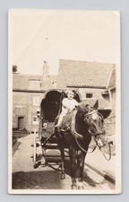 Old B&W Photo 1930's Small Girl Riding Large Cart horse Cobbled Street Houses