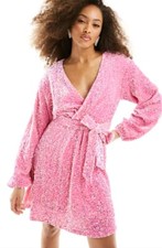 New Asos Pieces Pink Sequin Wrap Mini Party Dress Size XL UK 14 - 16 Long Sleeve