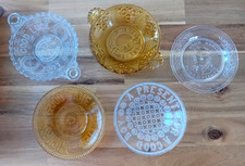 5 Antique Pressed Flint Glass Motto & Christmas Trinket Dishes