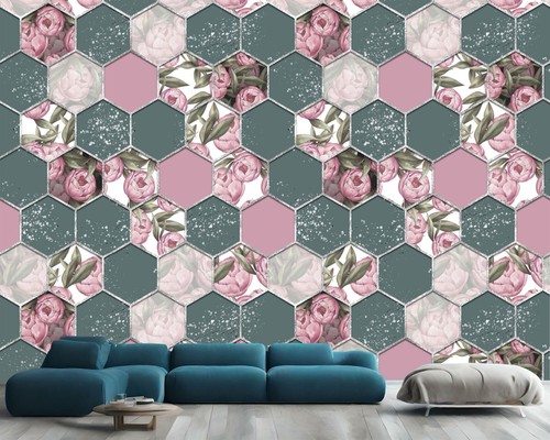 Hexagon pattern pink peony - pattern,