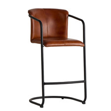 Industrial Leather Bar Stool Brown Upholstered Seat, Black Metal Frame 63cm
