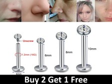 LABRET BAR Surgical Steel Internally Threaded Crystal Lip Nose Monroe Piercing