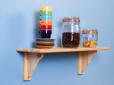 HIGH GLOSS FLOATING WALL MOUNTED SHELF & NATURAL WOOD SHELVES FITTINGS INCLUDED