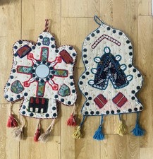 2 Turkish Felted Wool Folk Art Amulet Wall Hangings Cowrie shell