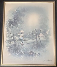 Andres Orpinas ~ Boy On Fence Going Fishing ~ Signed Vintage Print