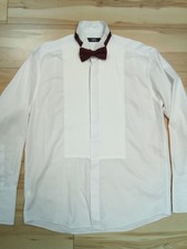 Men's M&S WHITE EVENING SHIRT 16" Wing Collar Double Cuff +Burgundy Satin Bowtie