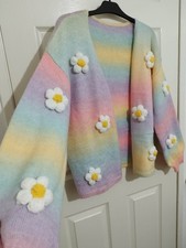 Floral Rainbow Knitted Cardigan 16/18, Daisies/Flowers Hippie Boho Vintage/Retro
