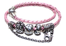 PANDORA MOMENTS PINK LEATHER DOUBLE WRAP BRACELET 34CM S925 CHARMS SAFETY CHAIN