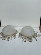 2 x Art Deco Beaded Tiffany Light Lamp Shades Opaline Milk Glass Dome Pendant