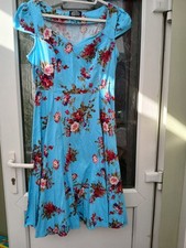 UK16 Hearts & Roses Blue Floral Swing Dress - Special Occasion