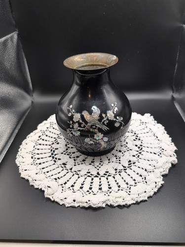 Vtg enamel over brass vase - over,
