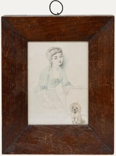 19th Century Graphite Drawing - Lady and Lap Dog