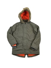 M&S Khaki Green Childs Coat Age 10-11 years Orange Lining Hooded Faux Fur Casual
