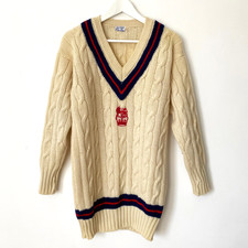 Fabulous Vintage Fleet Street Long Cricket Jumper Lion Emblem Stripes UK Medium