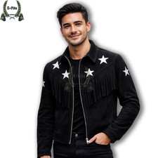 Men’s Black Fringe Star Jacket, Western Suede Coat with White Stars