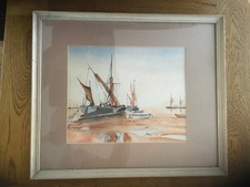Vintage Watercolour painting of Thames sailing Barges on the estuary flats