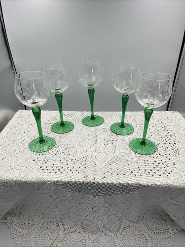 Green stem etched wine - 5,