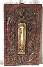 ANTIQUE CARVED WOOD PANEL THERMOMETER