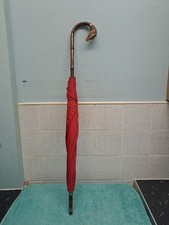 Vintage  Umbrella / Bamboo Kane Walking Stick With  Wooden Bird Handle - In Red 
