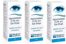 Hypromellose 0.3% Eye Drops 10ml – 3 Pack | Dry Eye Relief | Brand May Vary