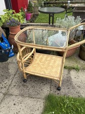 Vintage Bamboo Boho Rattan Wicker Retro Drinks Trolley Glass Shelves MCM