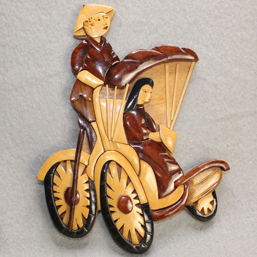 Vintage wood intarsia - intarsia, rickshaw