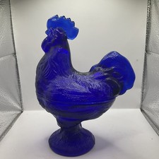 COBALT BLUE DEPRESSION STYLE GLASS ROOSTER CHICKEN CANDY DISH VINTAGE BOWL JAR