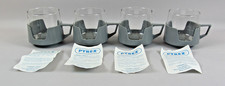 Vintage JAJ Pyrex Glass Cups & Grey Drink Up Plastic Holders Handles Camping x 4