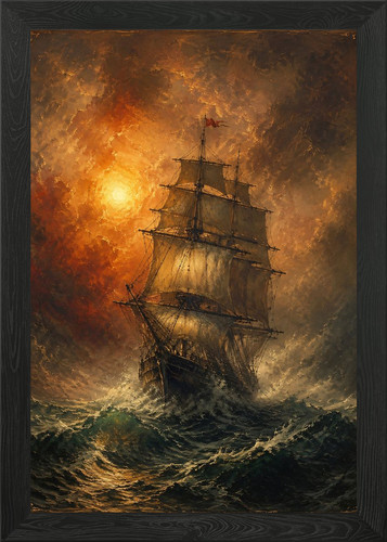 Ship stormy sea framed - in,