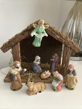 Vintage Traditional Porcelain Nativity Set Wooden Stable Boxed Religious Xmas