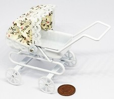 Dolls House White Pram With A Floral Hood 1:12 Scale Miniature Nursery 45 tumdee