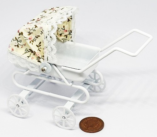 Dolls house white pram - house, with
