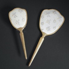 Vintage Gold Tone Dressing Table Set Hand Mirror & Brush Embroidered Lilac Backs