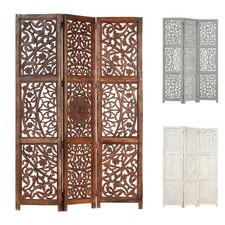 Hand Carved 3-Panel Room Divider Paravent Solid Mango Wood Privacy Screen