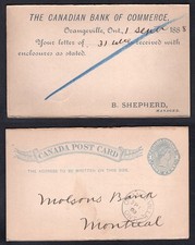 CANADA Orangeville Ontario 1888 Canadian Bank of Commerce Postcard to Montreal