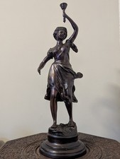 Antique 19th Century Large Bronze Statue Figure Woman with Torch Signed Figurine