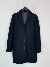Lands' End Black Plain Wool Blend Coat Tailored Smart Button Formal UK 14/16
