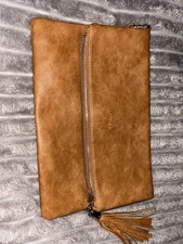 Matties Fold Over Camel Clutch Bag With Tassel. Faux Leather