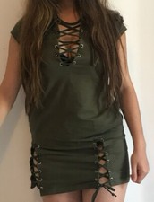 Portobello Punk Mini Dress size S khaki Green Cotton & Lycra Short Sleeve