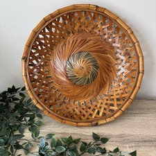 Vintage Decorative Bamboo Handwoven Round Circle Basket Bowl Tray 14.5”