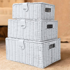 3 Wicker Storage Boxes White