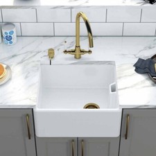 LSC Belfast 445 Compact 1.0 Bowl Fireclay Ceramic Kitchen Sink & Gold Waste
