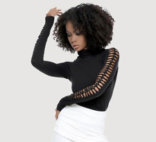 PSYLO Raffia Black Slashed Braided Stud Long Sleeve Roll Neck Top Sz 1 UK8 S £86