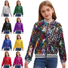 UK Kids Girls Sparkle Bomber Jacket Hip Hop Jazz Modern Dance Coat Performance