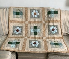 Handmade Patchwork Quilt Lap Throw / 117.5cm X 119cm / Green/ Brown/ Beige