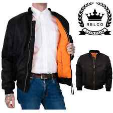 RELCO Mens Black MA-1 Pilot Flight Bomber Jacket Skinhead Zip-up Orange-lined