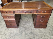 Antique repro large twin pedestal desk leather top filing