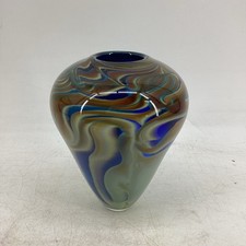 Peter Layton Chalcedony Style Hand-Blown Glass Vase Swirl Blue Brown Abstract