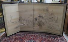 Antique JAPANESE 4 Panel Hand Painted Silk Room Table Divider FOLDING SCREEN